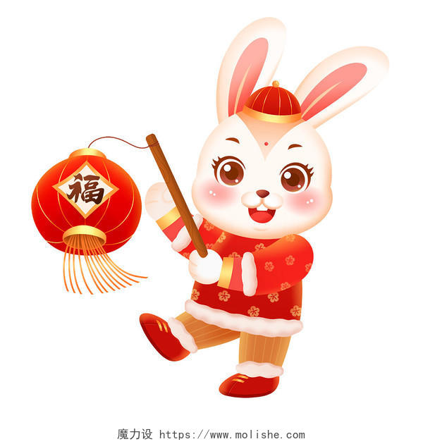 微立体新年快乐兔子手拿灯笼卡通形象插画兔年兔年新年兔子